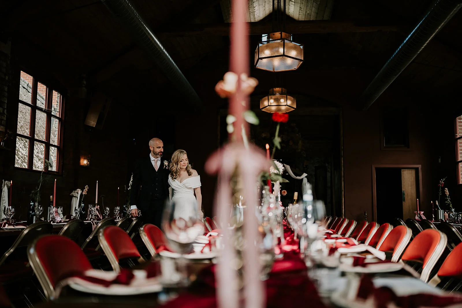 Bride and groom and feasting tables